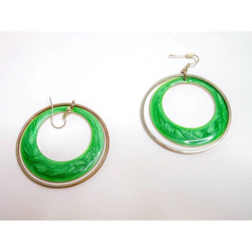Vintage Large Double Hoop Green Enamel Swirl Dangle Earrings